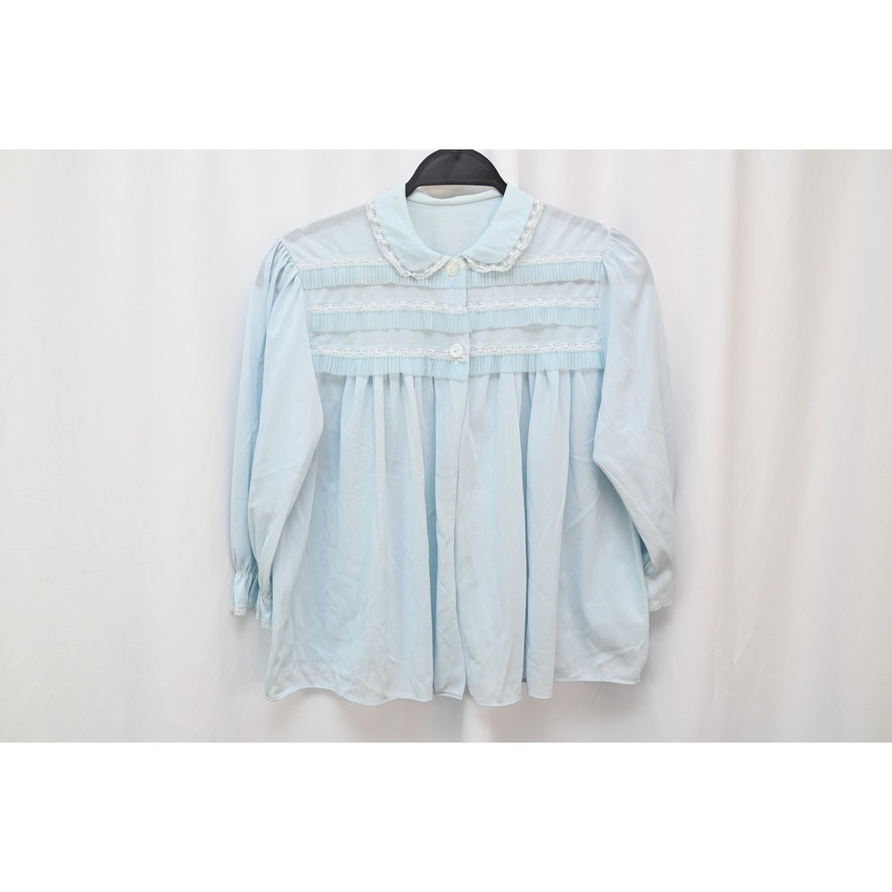 Vintage Blue Lace Trim Bed Jacket Pleated Yoke Night Robe Pastel Lounge Top